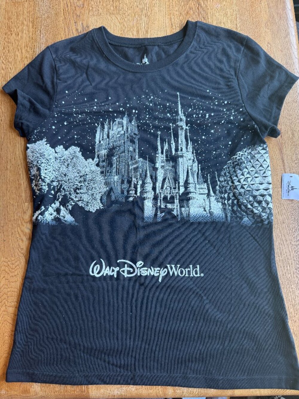 Walt Disney World Black Silver Glitter Top Four Parks Size Large NWT
